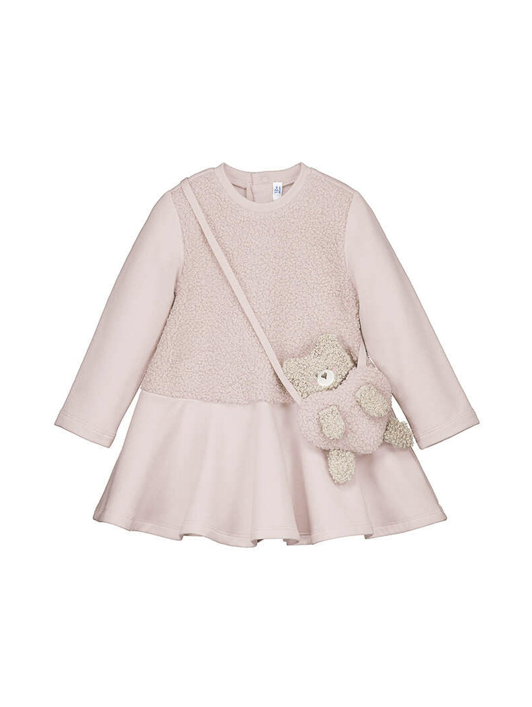 Vestido rosa para niña con panel frontal de textura borreguito y bolso cruzado en forma de oso de peluche.