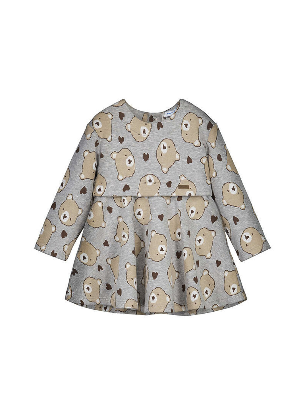 Vestido Mayoral gris vigore con estampado de ositos beige y marrón para niña.