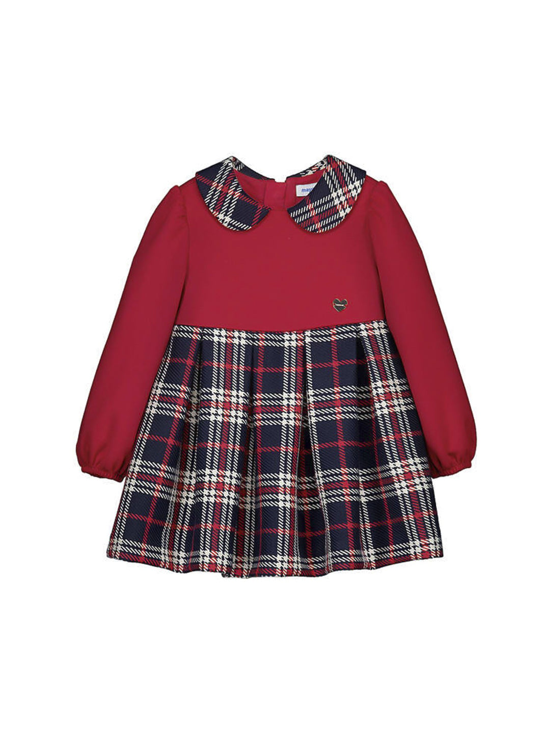 Vestido rojo para niña con falda y cuello de cuadros escoceses en azul, rojo y blanco.
