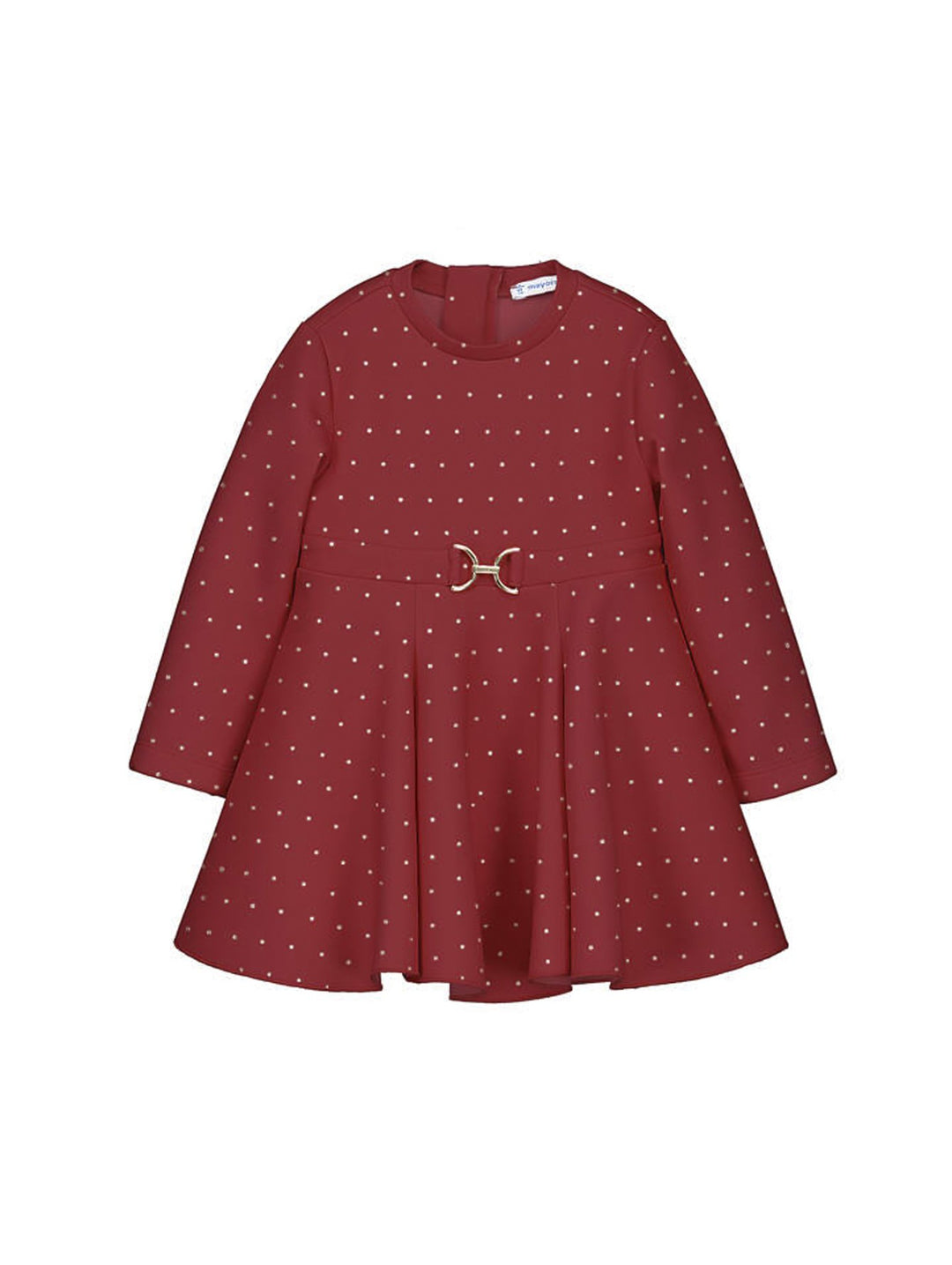 Vestido rojo de manga larga para niña con estampado de puntos dorados y cinturón con hebilla metálica.