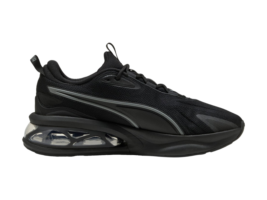 Tenis Puma Solar color negro con detalles en gris y suela con cámara de aire transparente para hombre.