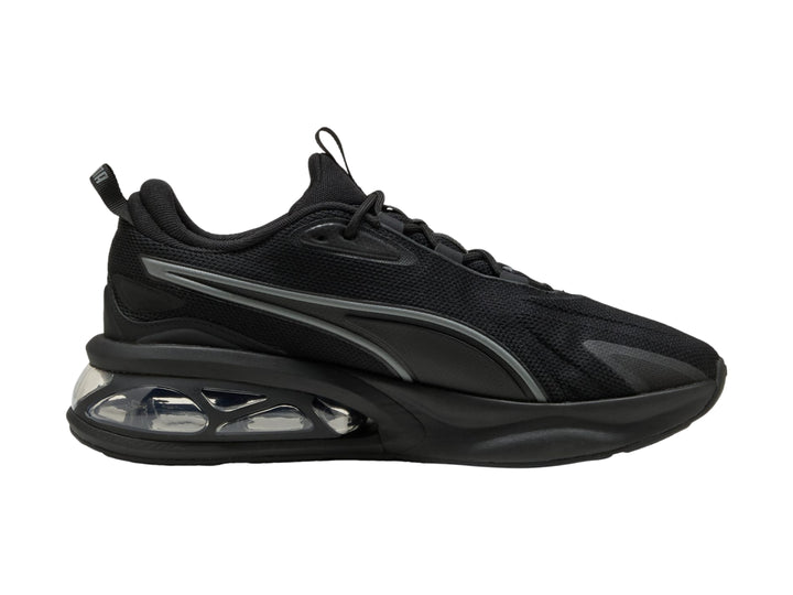 Tenis Puma Solar color negro con detalles en gris y suela con cámara de aire transparente para hombre.