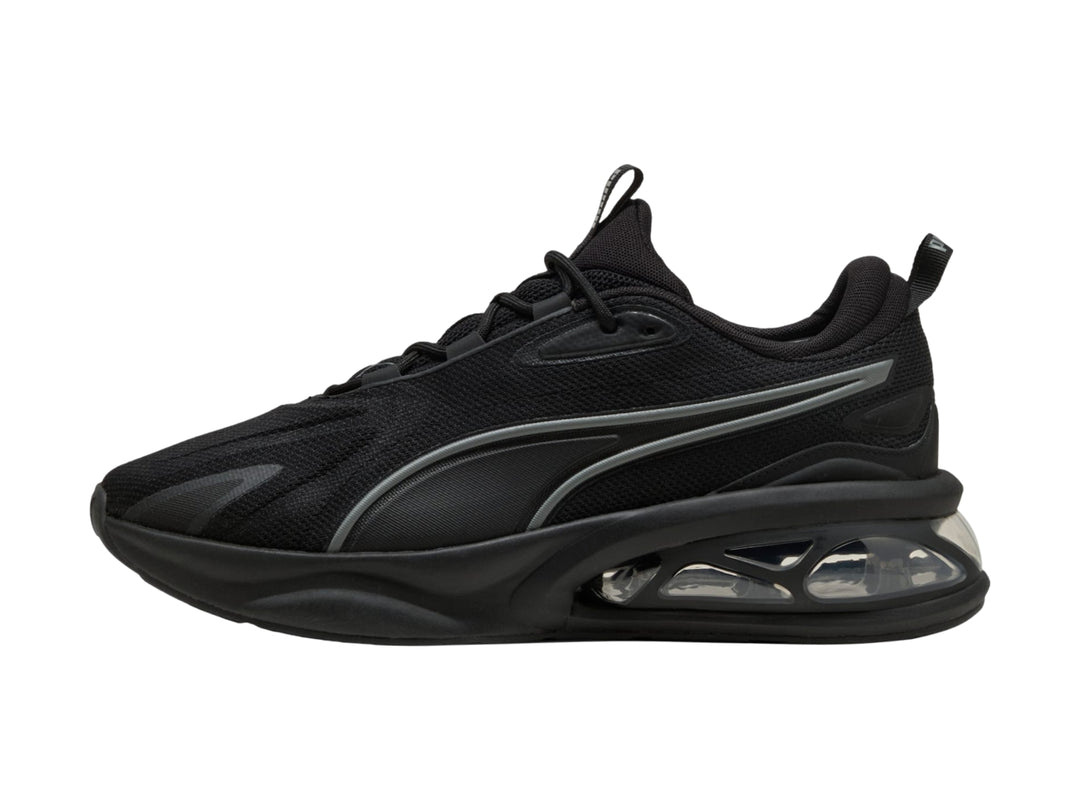 Tenis Puma Solar color negro con detalles en gris y suela con cámara de aire transparente para hombre.