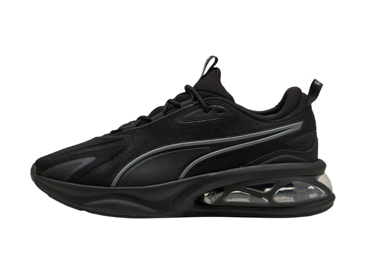 Tenis Puma Solar color negro con detalles en gris y suela con cámara de aire transparente para hombre.