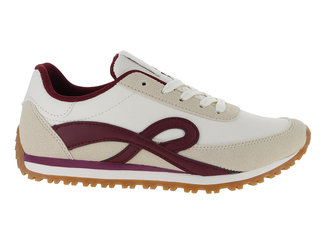 Tenis color beige con detalles en color vino y suela color caramelo.