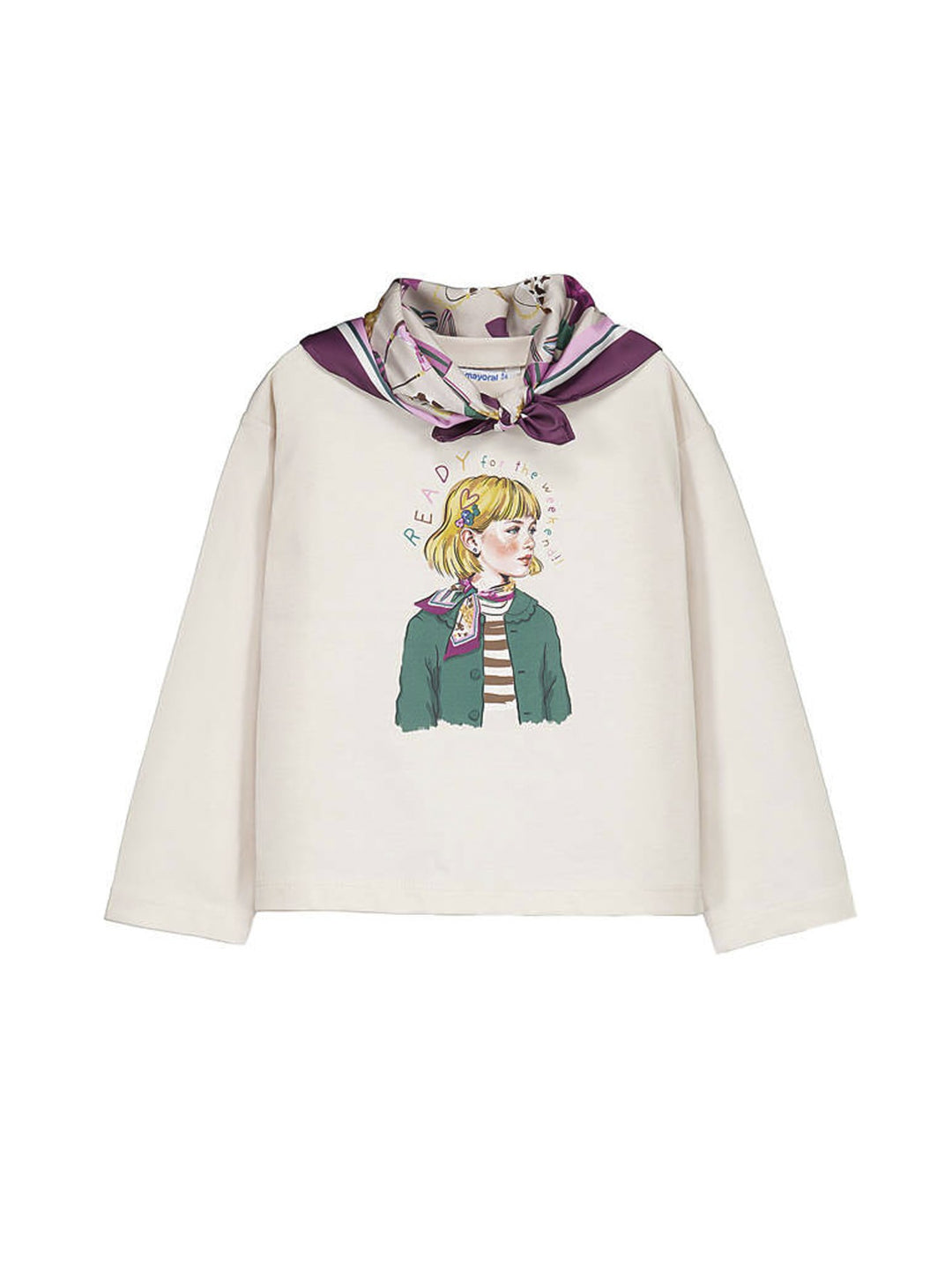 Camiseta Mayoral color tofu de manga larga con estampado frontal y pañuelo decorativo al cuello.