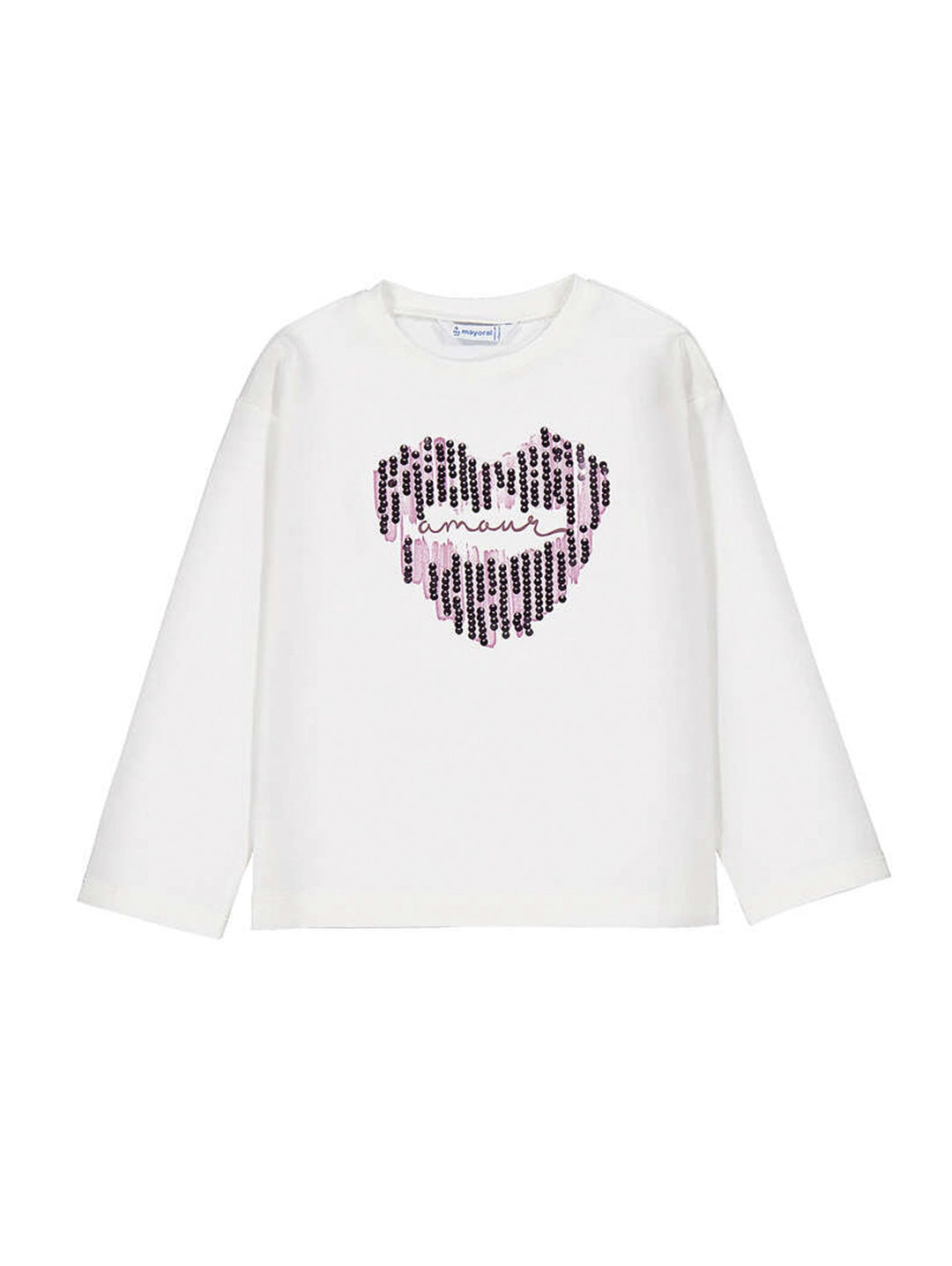 Camiseta Mayoral color crudo de manga larga con un corazón de lentejuelas malvas en el centro.