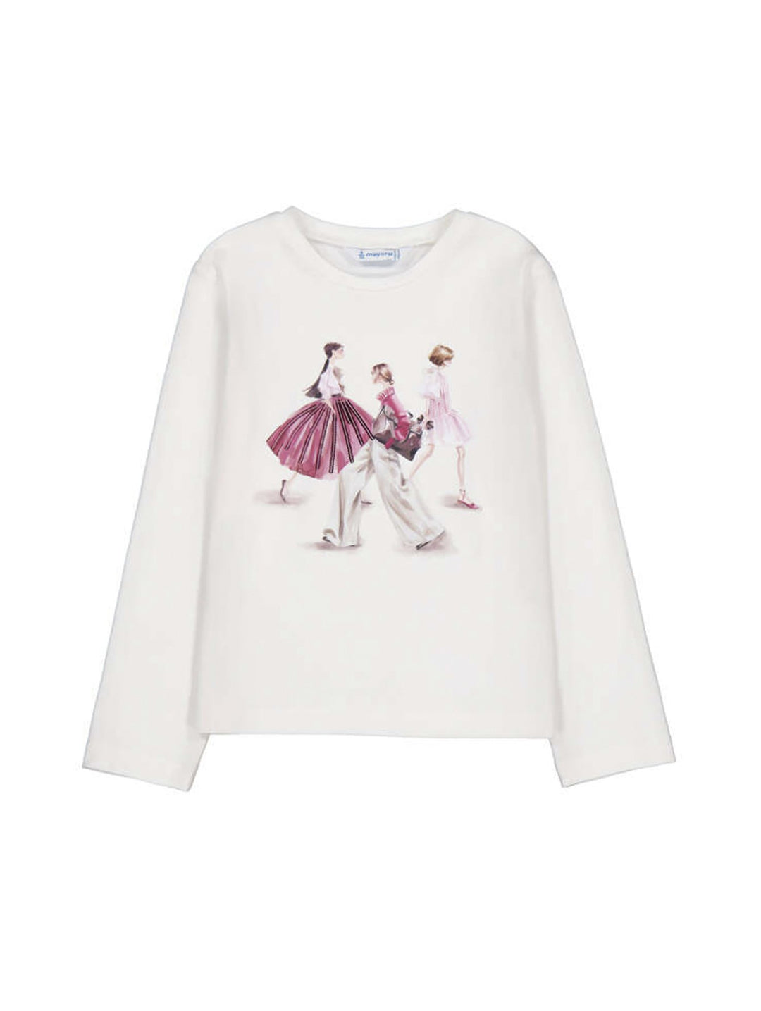 Camiseta Mayoral color crudo de manga larga con estampado frontal de tres figuras femeninas en tonos rosa y blanco.