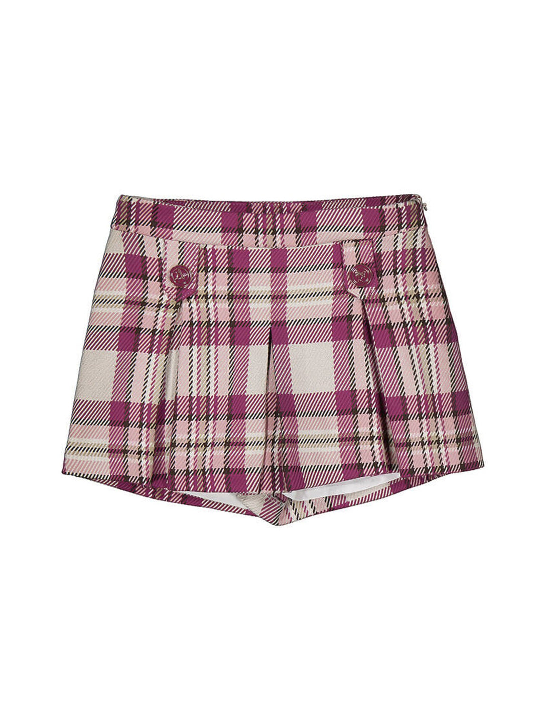 Bermuda Mayoral color framboise con estampado de cuadros, detalles plisados y botones decorativos.