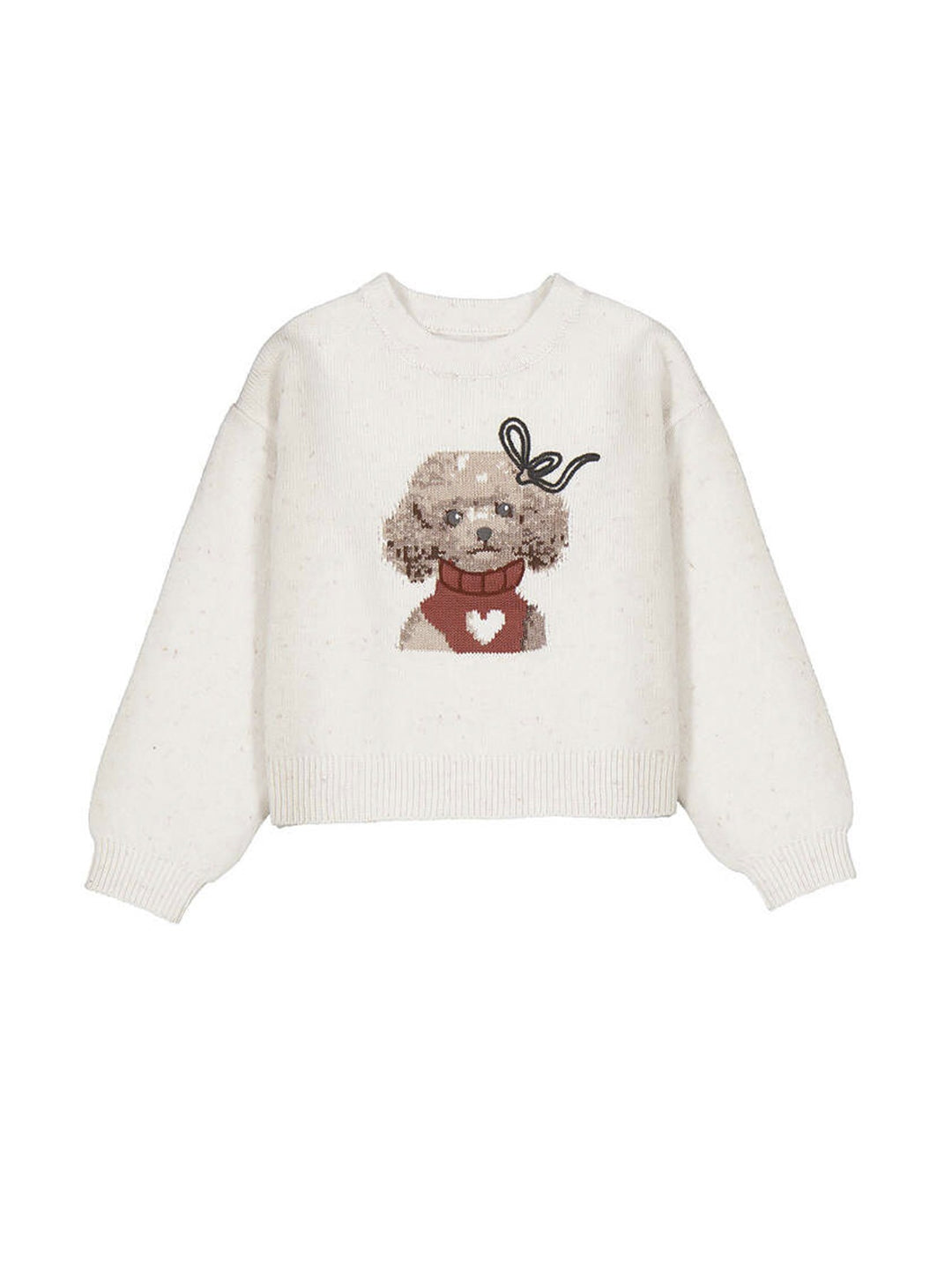Suéter blanco de tejido para niña con un diseño central de un perro caniche con un suéter rojo y un corazón blanco.