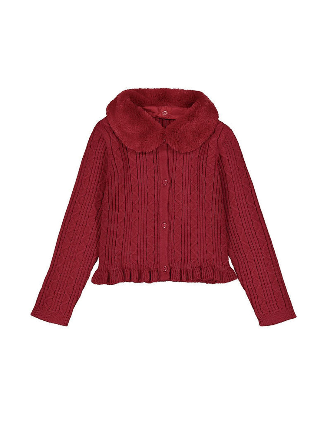 Suéter rojo de la marca Mayoral con tejido de ochos, cuello de piel sintética y detalle de volantes en el borde inferior.