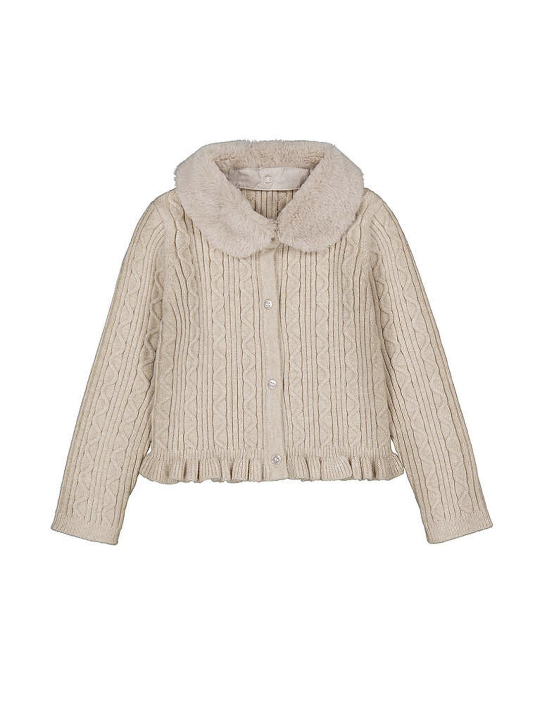 Suéter beige de tejido de ochos para niña con cuello de piel sintética y detalle de volante en el bajo.