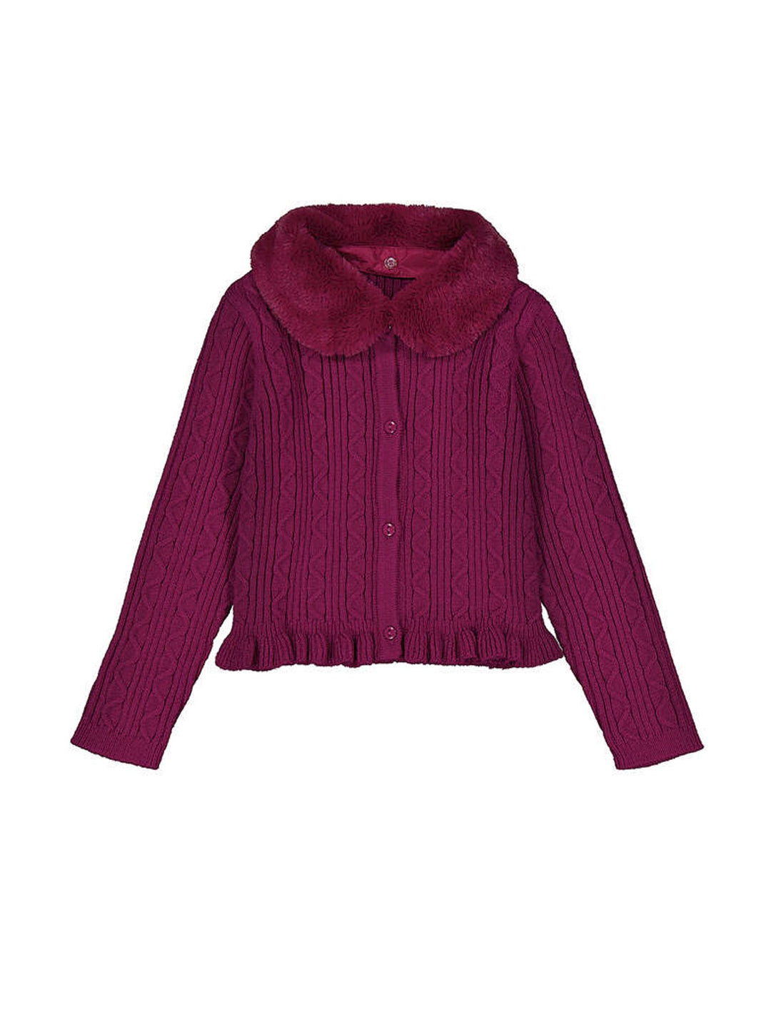 Suéter Mayoral color framboise con cuello de pelo sintético, tejido de ochos y detalle de volante en el borde inferior.