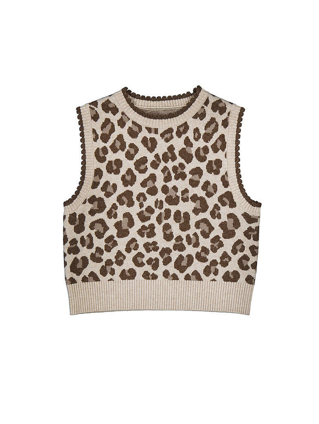 Suéter tipo chaleco tejido con estampado de leopardo en tonos castaña y beige para niña.