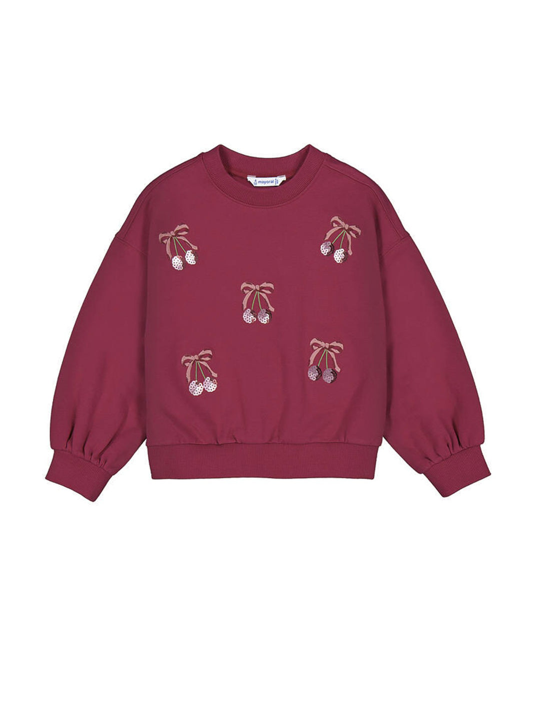 Suéter color cherry para niña con bordados de cerezas y mangas abullonadas.