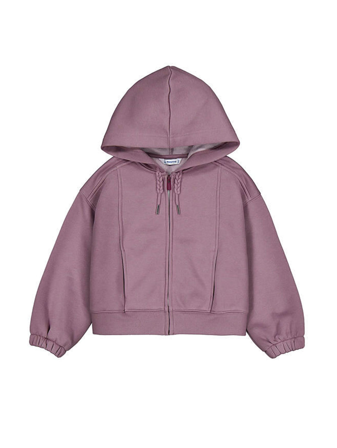 Chamarra Mayoral color violeta con capucha, cierre frontal y puños elásticos para niña.