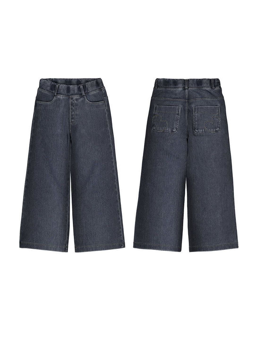Vista frontal y trasera de pantalón Mayoral knit denim en color azul superoscuro con pierna ancha y detalles de corazones.