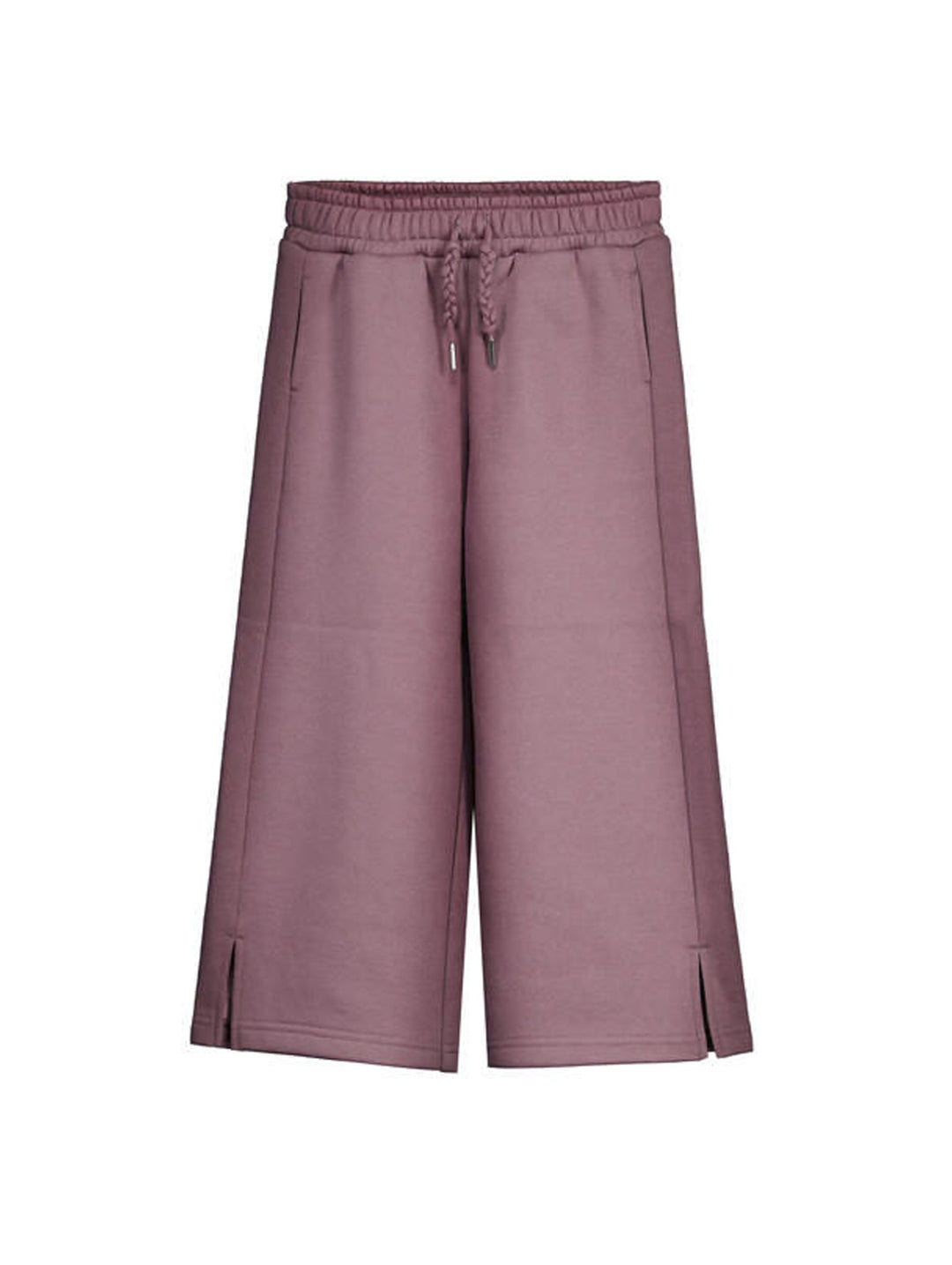 Pantalón corto de felpa color violeta con cintura elástica y cordón ajustable para niño o niña.