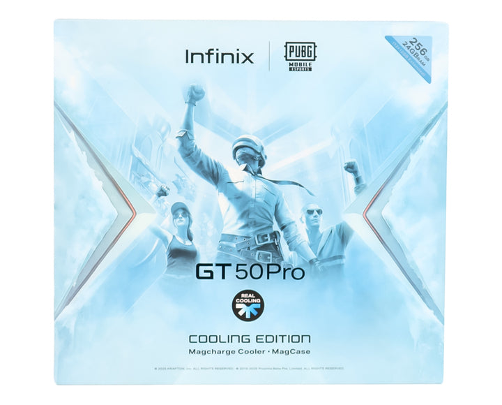 Imagen publicitaria del Infinix GT 50 Pro Cooling Edition con personajes de PUBG Mobile sobre fondo azul.