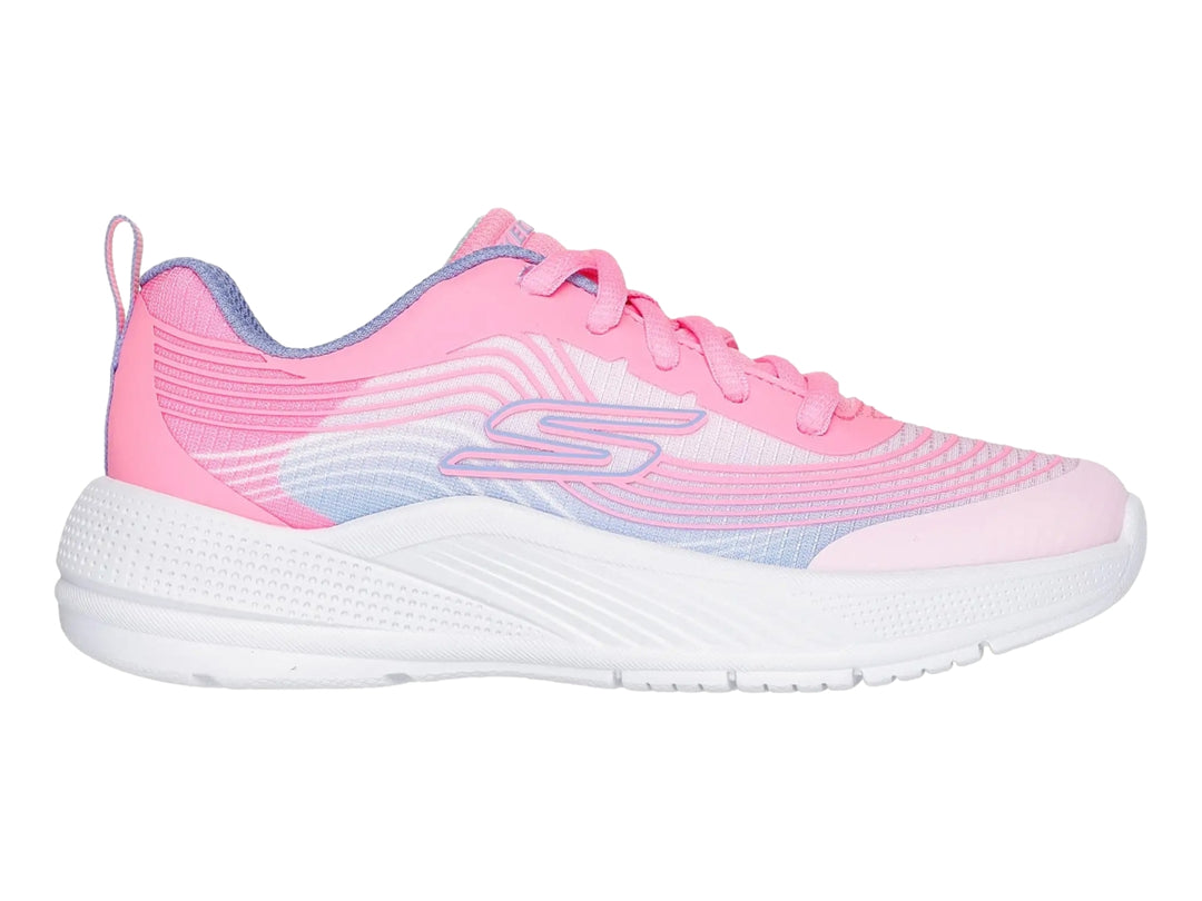 Tenis deportivos Skechers en color rosa y lila con suela blanca.