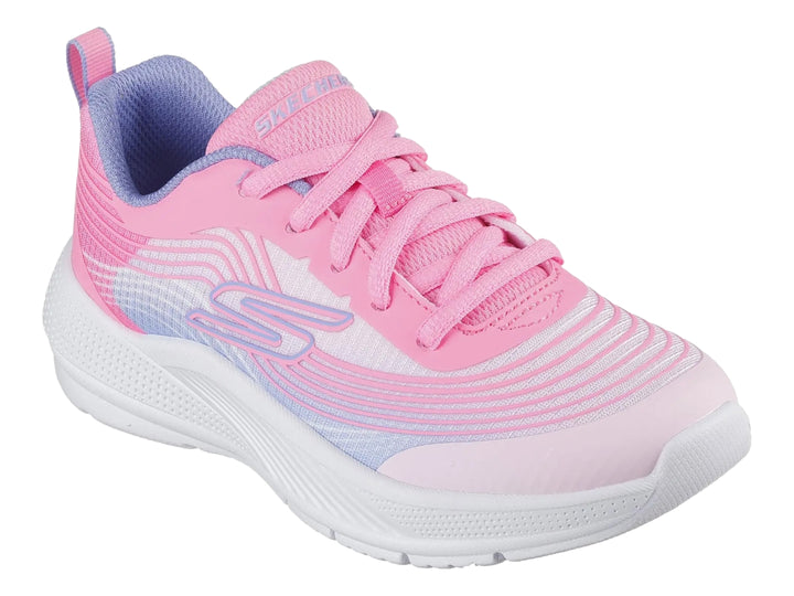 Tenis deportivos Skechers en color rosa y lila con suela blanca.