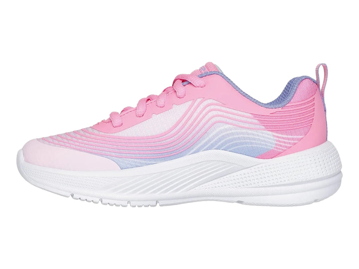 Tenis deportivos Skechers en color rosa y lila con suela blanca.