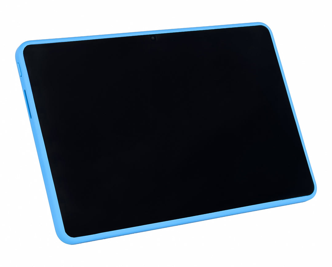 Tablet Infinix XPad 30E de color azul con pantalla negra frontal