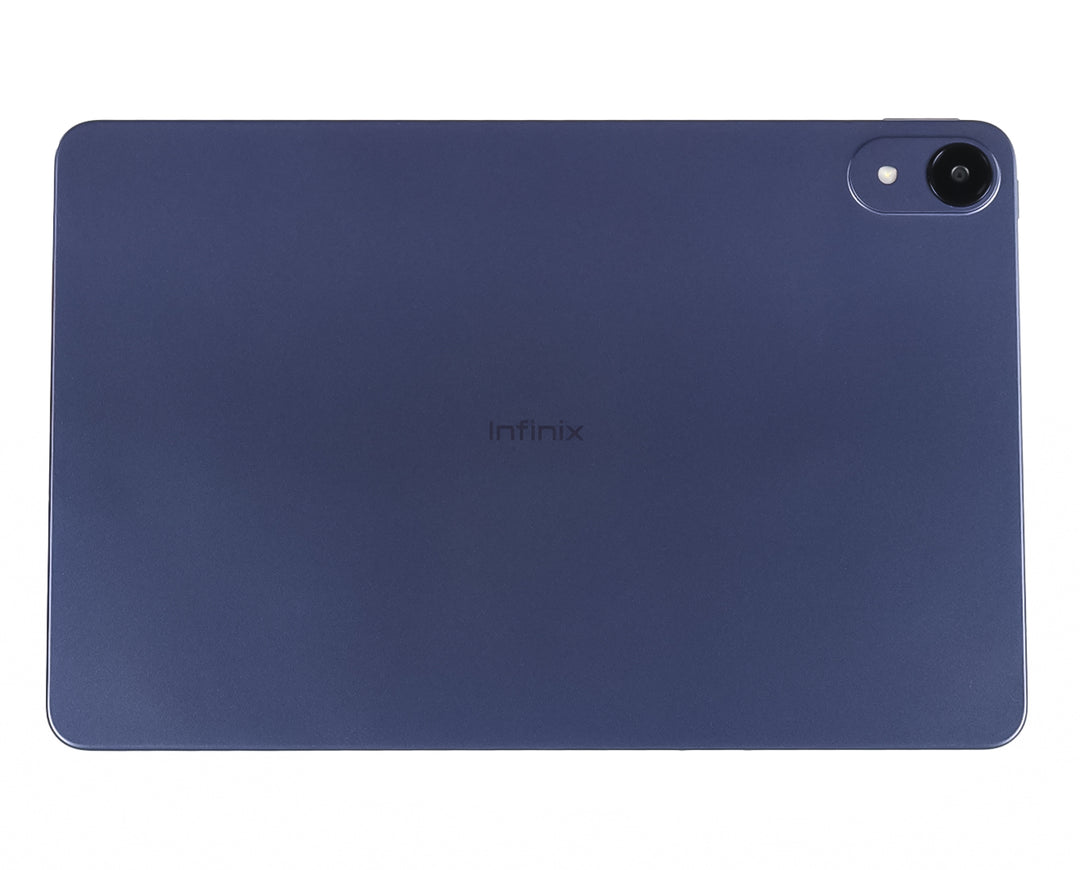 Tablet Infinix XPad 30E de color azul con pantalla negra frontal