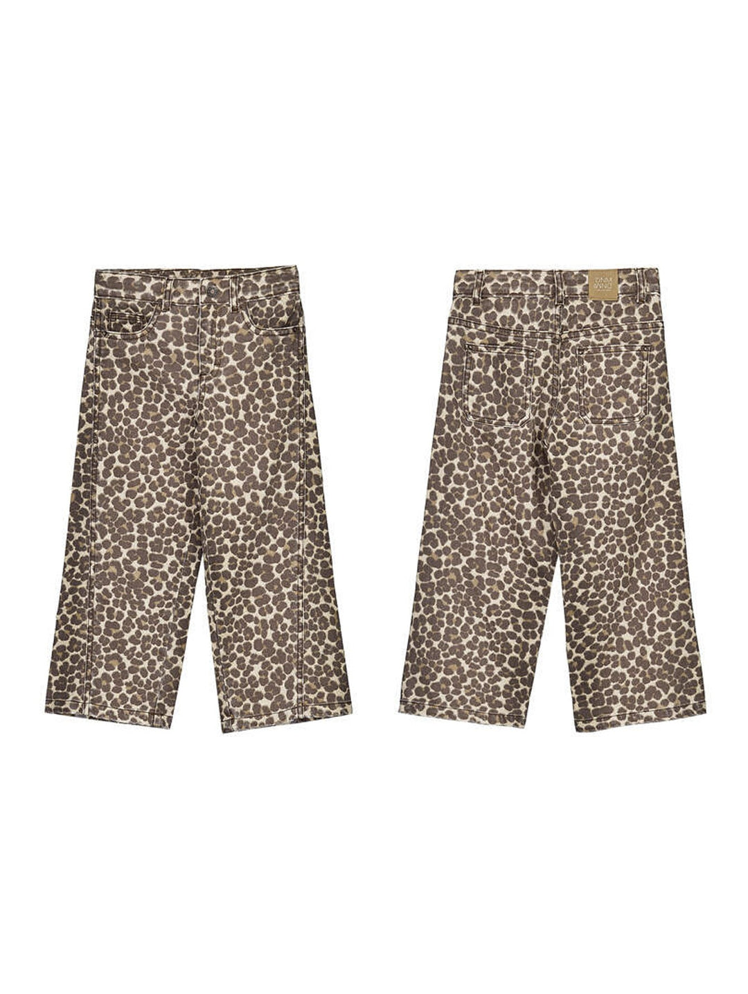 Vista frontal y trasera de pantalón infantil Mayoral color castaña con estampado de leopardo.