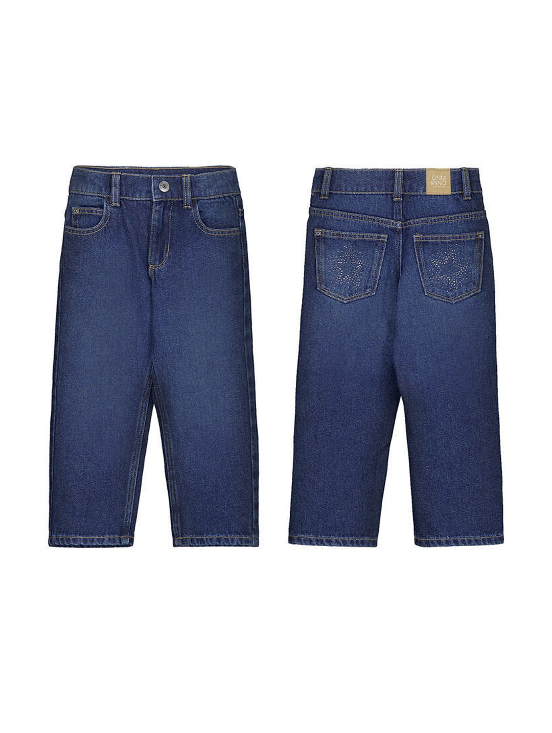 Vista frontal y trasera de pantalón de mezclilla azul oscuro para niño con detalles de estrellas en los bolsillos traseros.