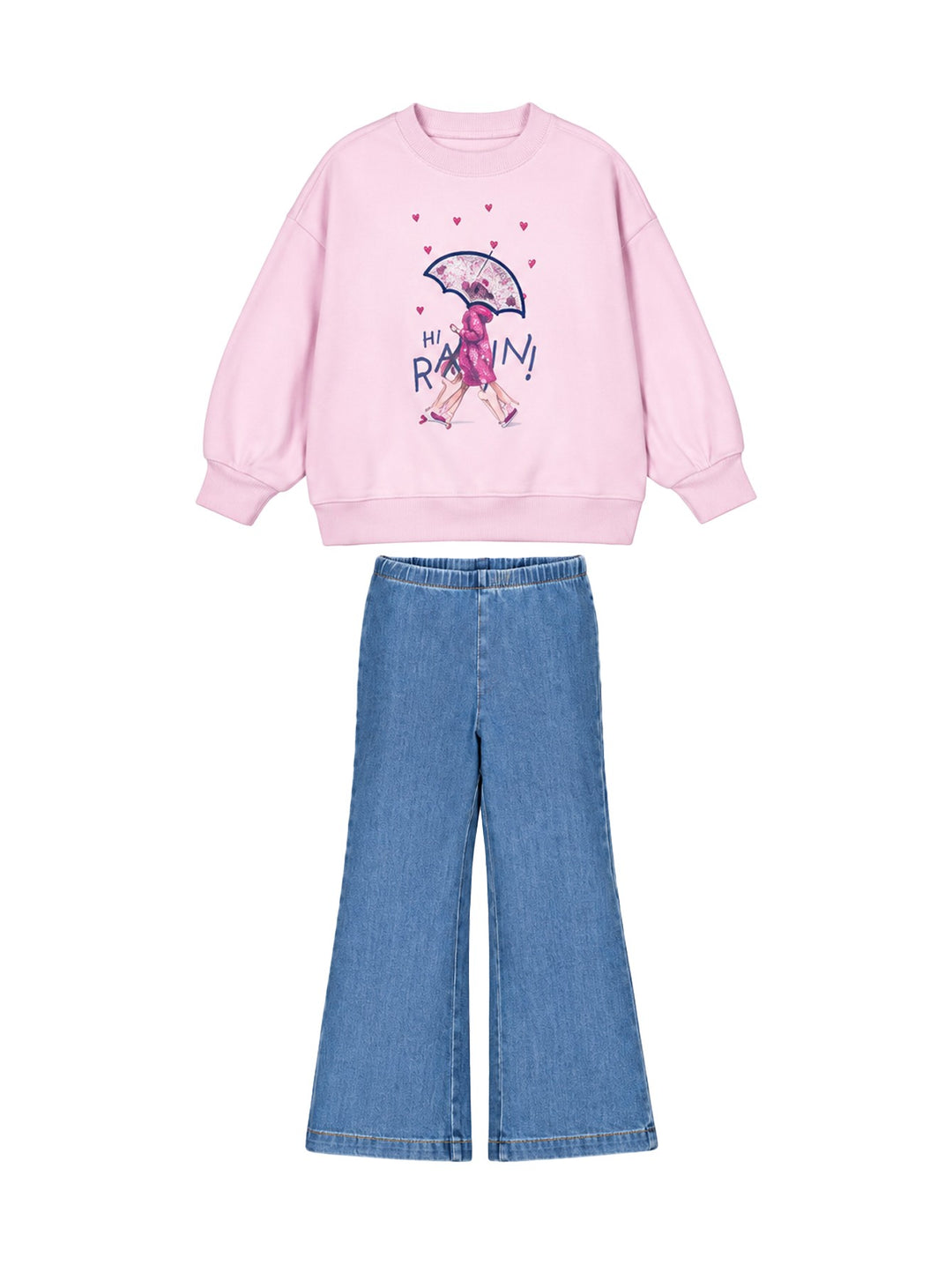 Conjunto de ropa para niña compuesto por sudadera color malva con estampado y pantalón tipo flare en color azul.