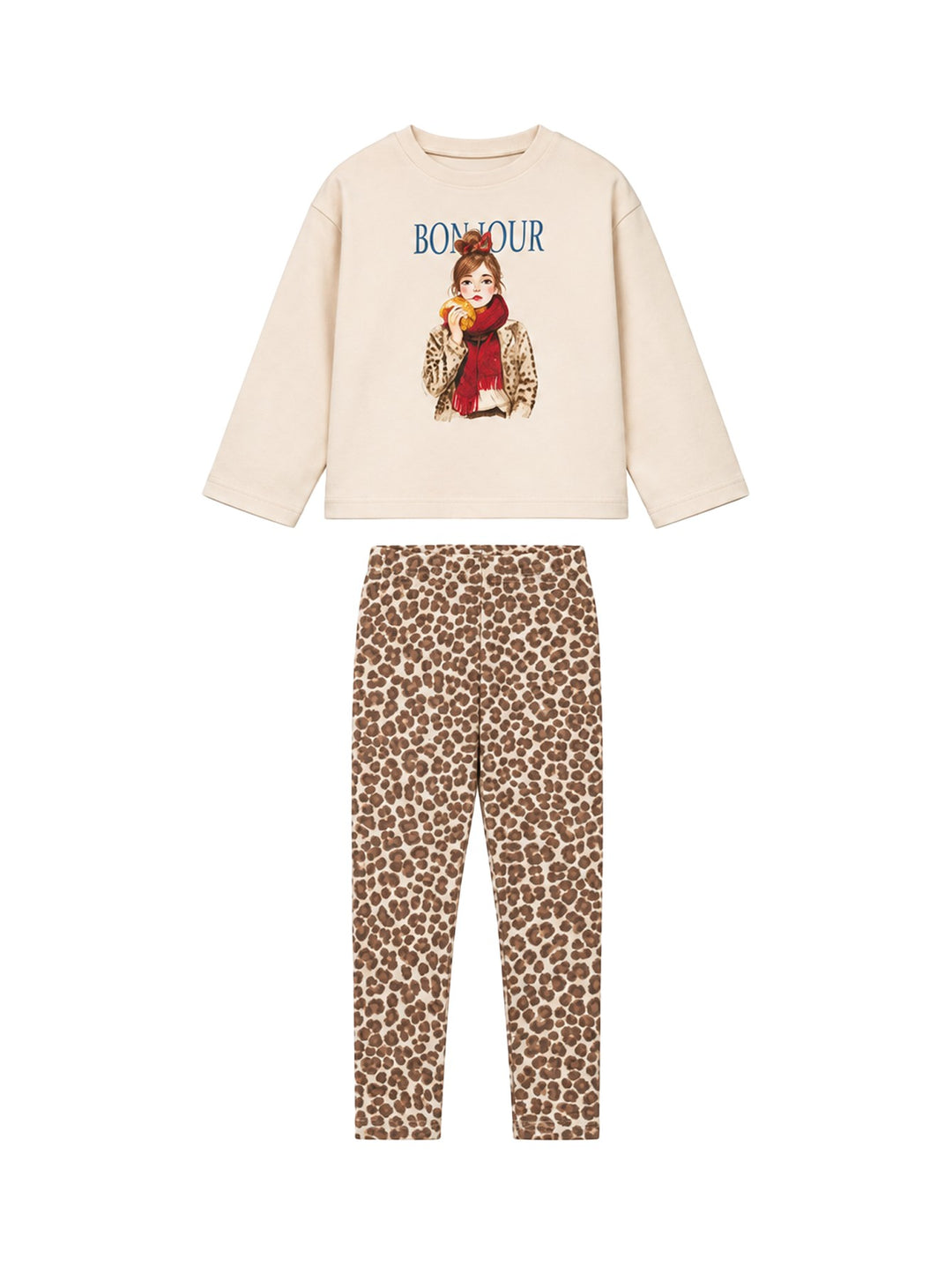 Conjunto de ropa para niña Mayoral con camiseta beige y leggings con estampado de leopardo en color castaña.