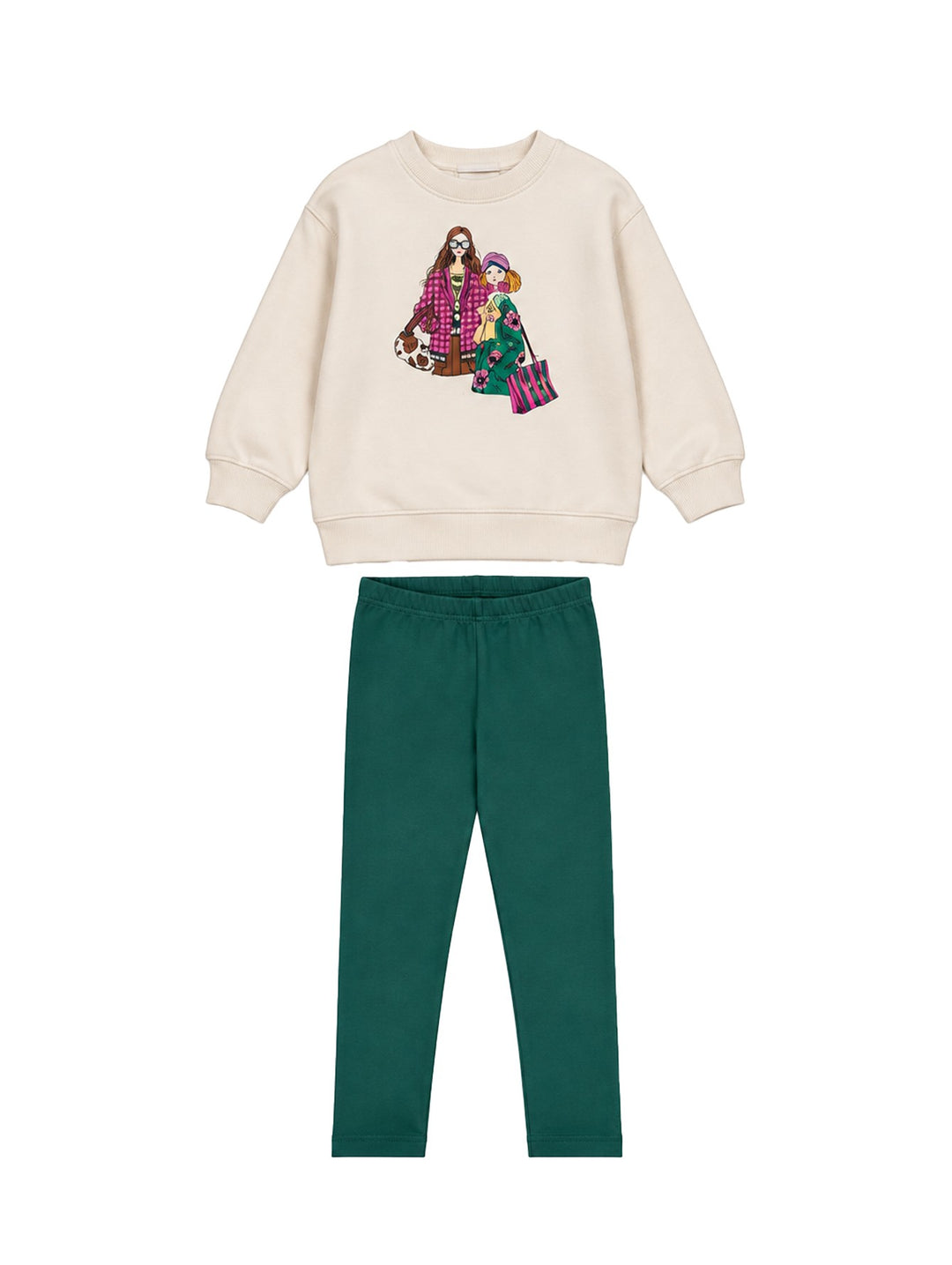 Conjunto de ropa infantil Mayoral compuesto por sudadera color crema con estampado y leggings color botella.