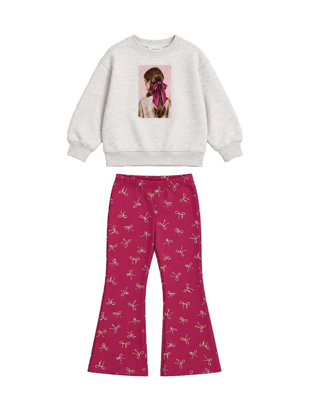 Conjunto de ropa para Niña compuesto por sudadera gris con estampado frontal y leggings color framboise con moños dorados.