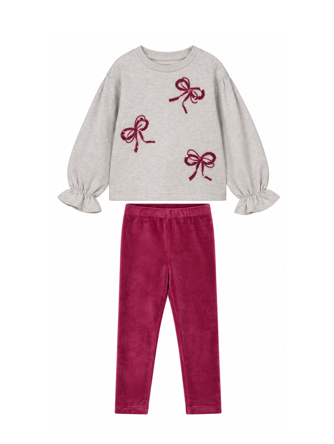 Conjunto de ropa para niña compuesto por sudadera gris con moños framboise y leggings color framboise.