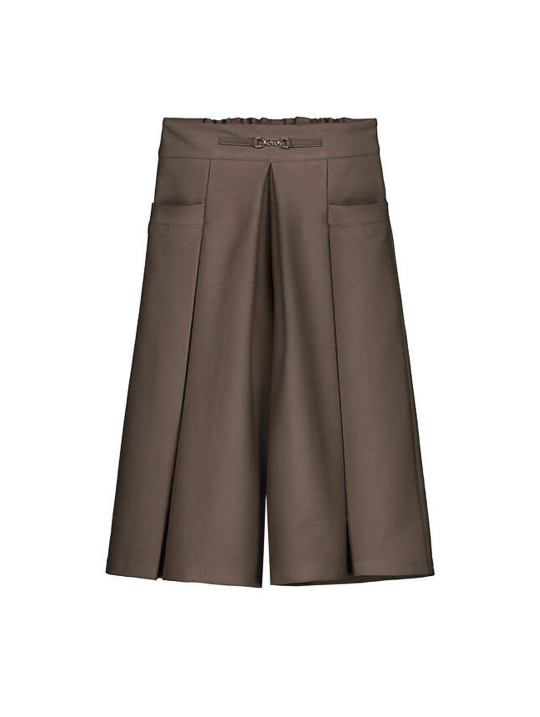 Falda pantalón midi color café de la marca Mayoral con cintura elástica y pliegues frontales.