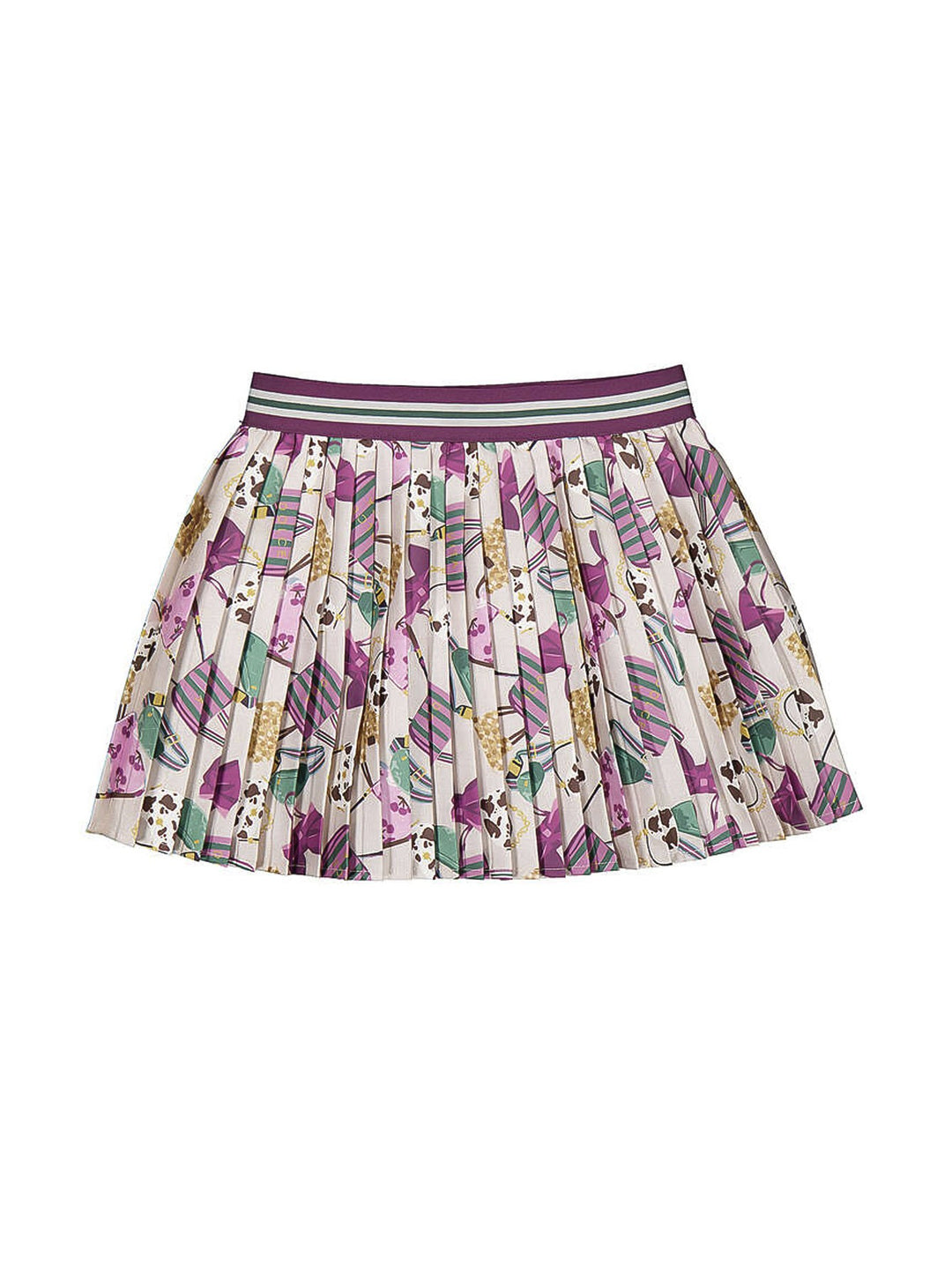 Falda plisada para niña de marca Mayoral con estampado multicolor en tonos morado, verde y blanco.