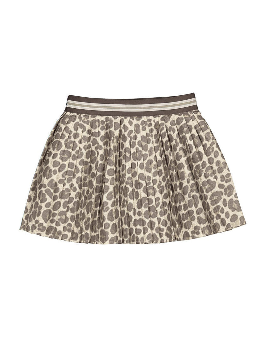 Falda plisada corta para niña con estampado animal print en tonos castaño y beige con cintura elástica.