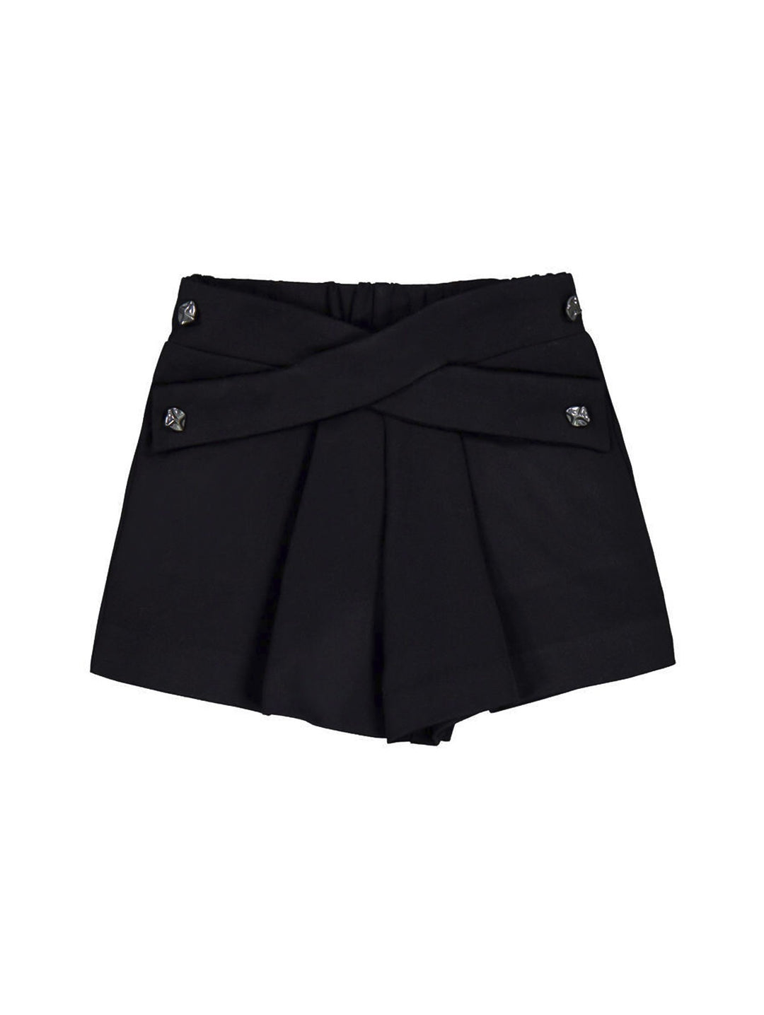 Falda corta color negro para niña con diseño de cintura cruzada y botones decorativos plateados.