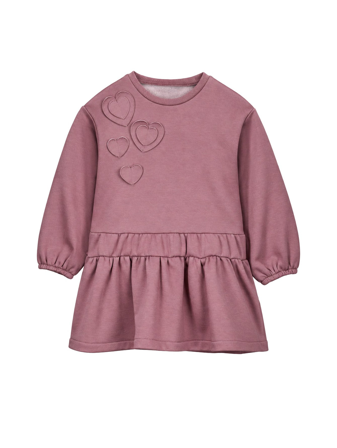 Vestido de felpa color violeta para niña con detalles de corazones aplicados y falda fruncida.