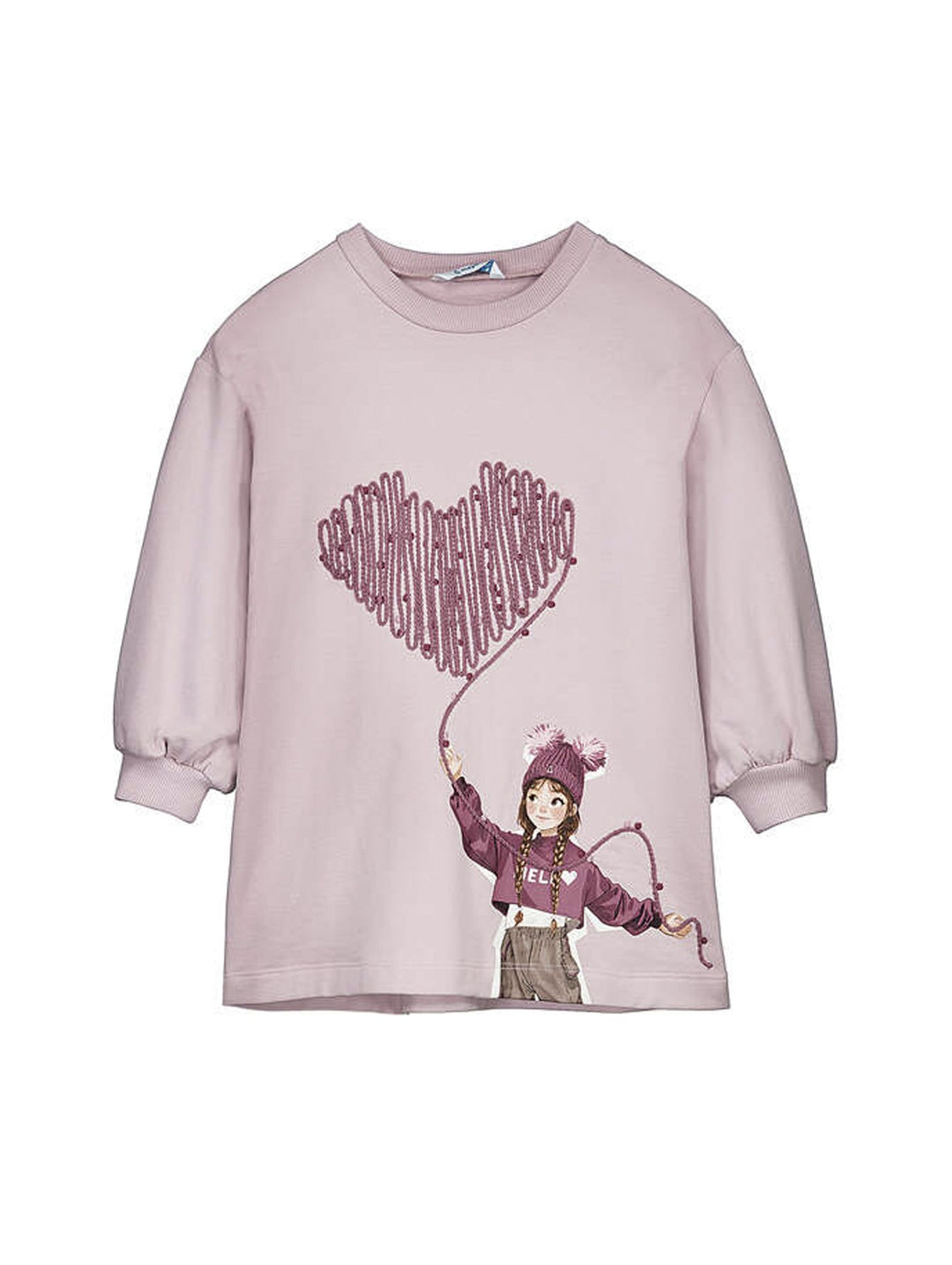 Vestido corto de felpa color malva con estampado de una niña y un corazón morado