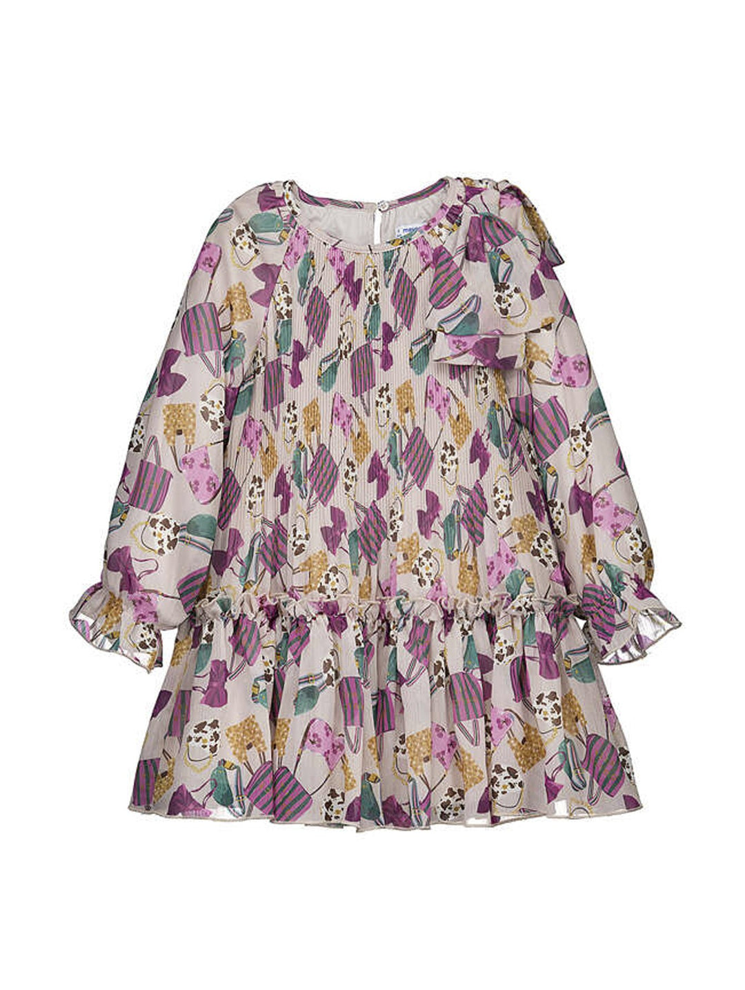 Vestido plisado multicolor para niña de marca Mayoral con estampado, mangas largas y detalle de lazo en el hombro.