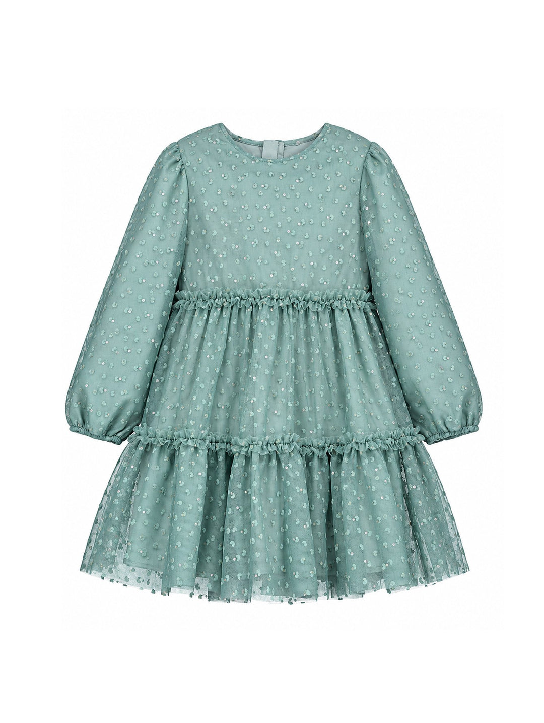 Vestido Mayoral color laurel para niña, con mangas largas, tul y detalles de lentejuelas brillantes en capas.