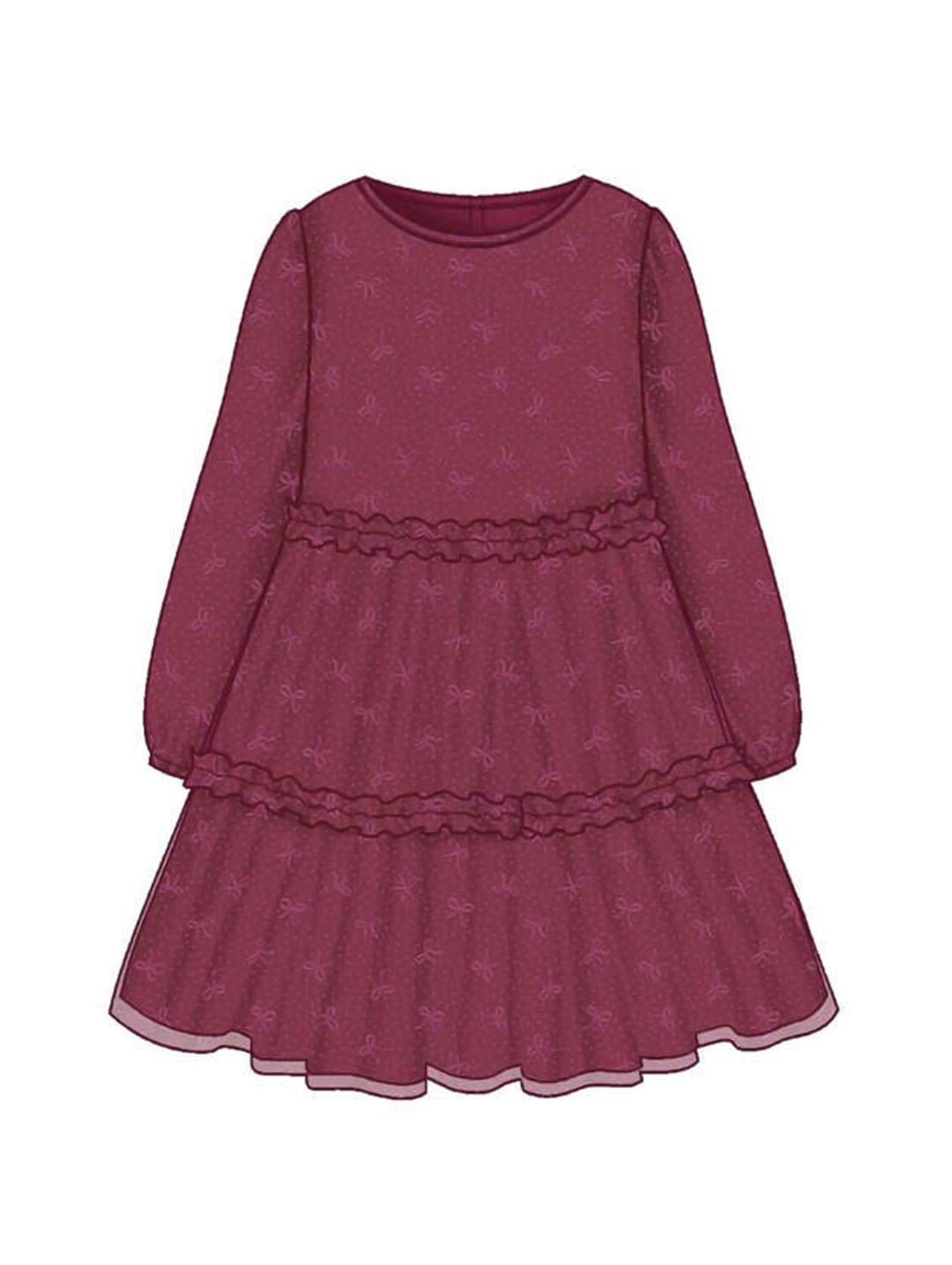 Vestido Mayoral color framboise con manga larga, diseño en capas con volantes y estampado sutil.