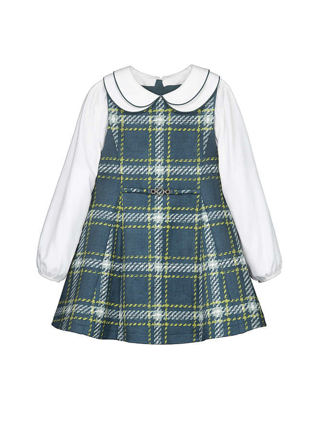 Vestido Mayoral Nenúfar para niña con estampado de cuadros azules y amarillos, cuello blanco y mangas largas blancas.