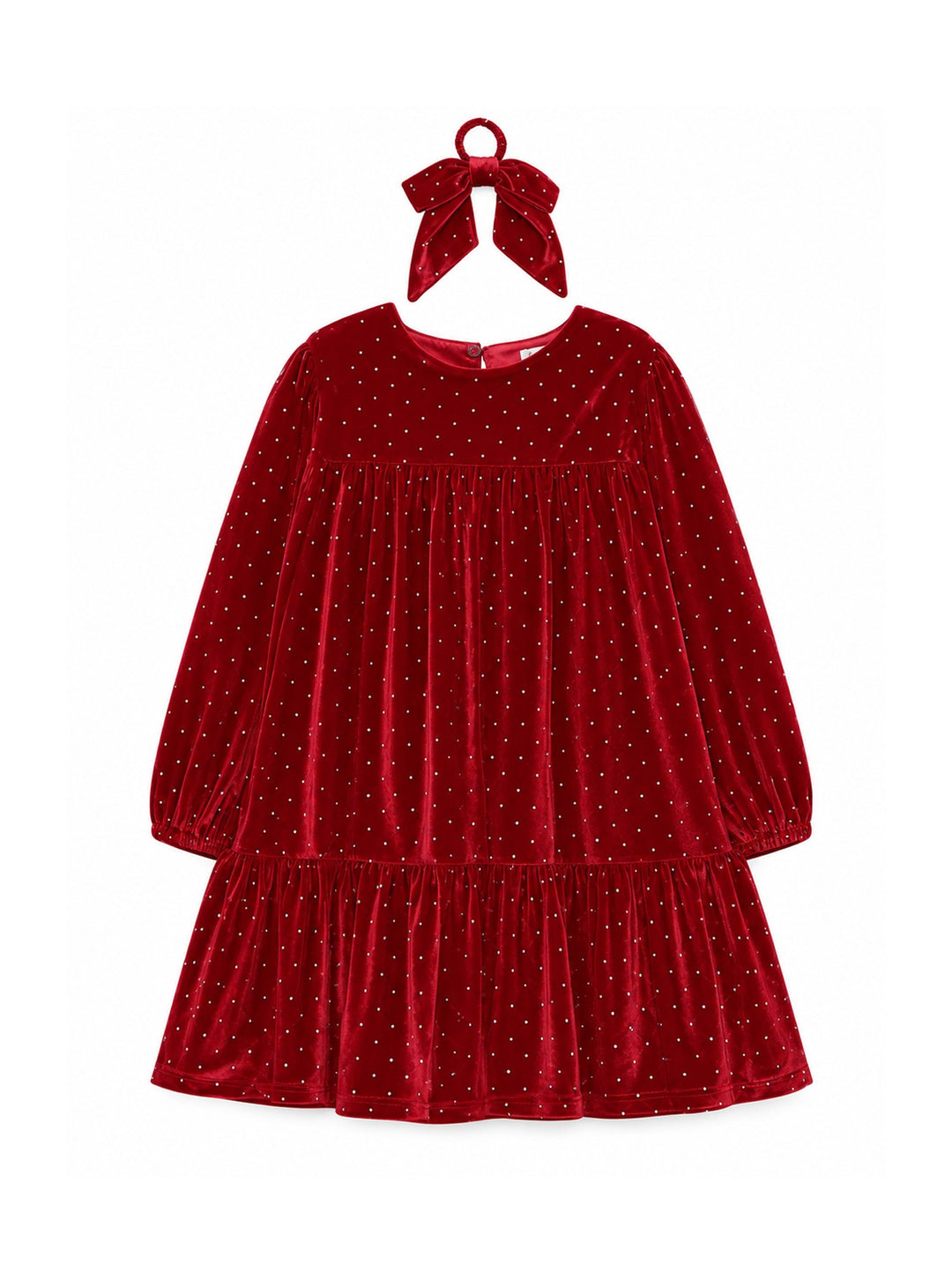 Vestido de terciopelo rojo con puntos blancos y diadema de lazo a juego para niña