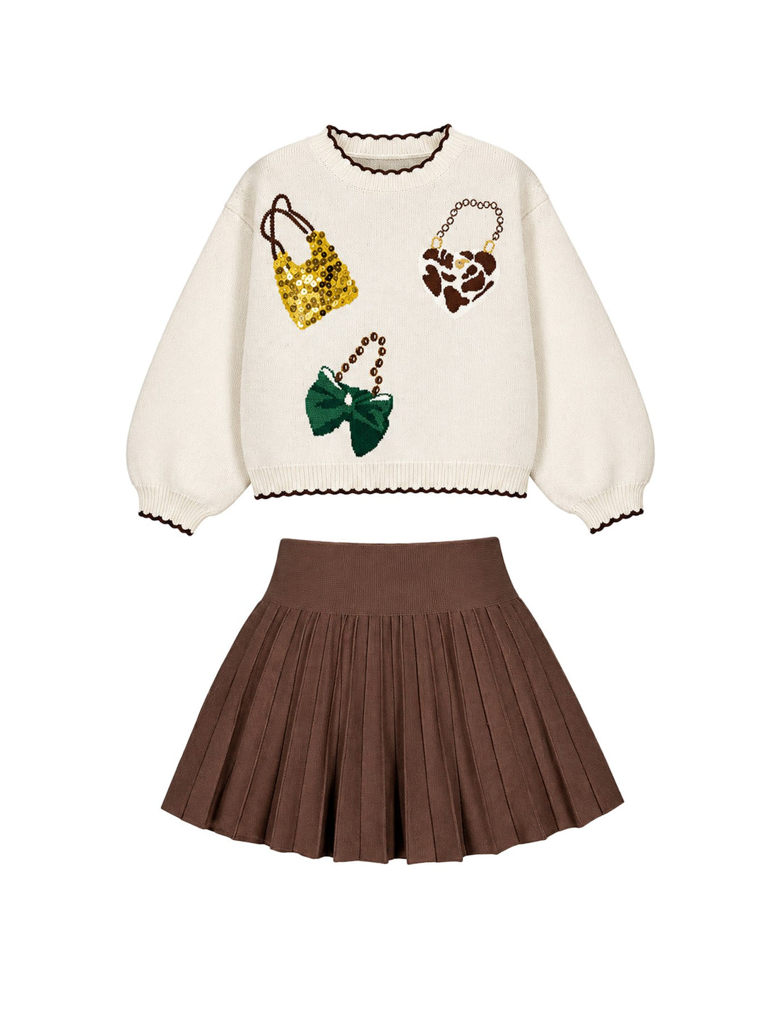 Conjunto de ropa para niña compuesto por un suéter blanco con bordados de bolsos y una falda plisada color café.