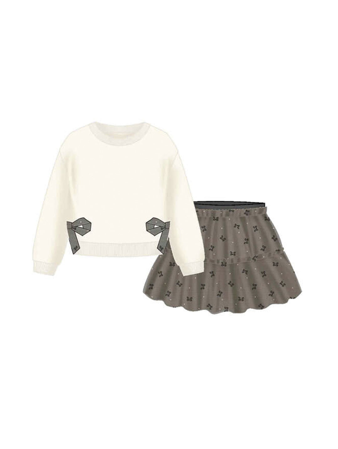 Conjunto de ropa Mayoral compuesto por un suéter blanco con moños grises y una falda negra con estampado.