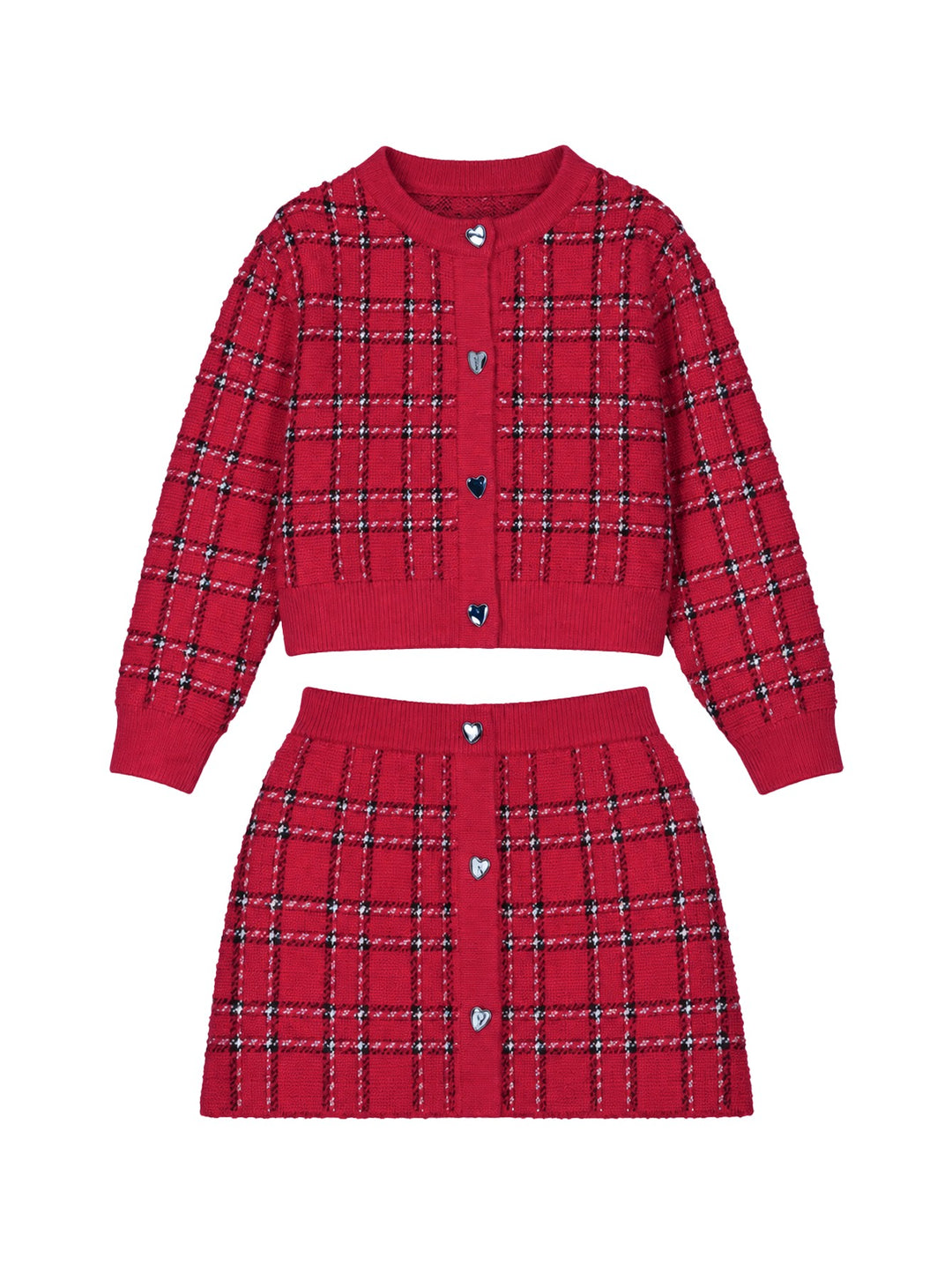 Conjunto de ropa Mayoral rojo con estampado de cuadros, incluye cárdigan y falda con botones en forma de corazón.