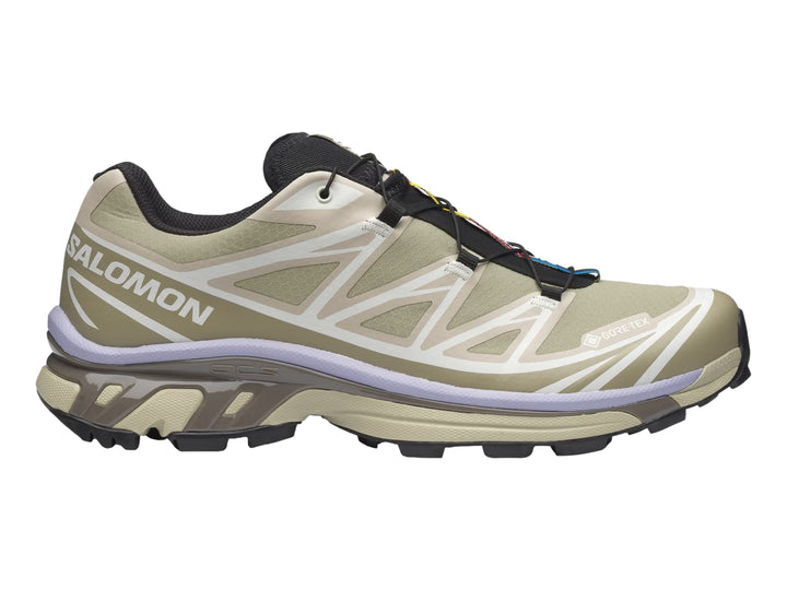 Tenis Salomon XT-6 GTX color verde eucalipto para mujer, vista lateral sobre fondo blanco.